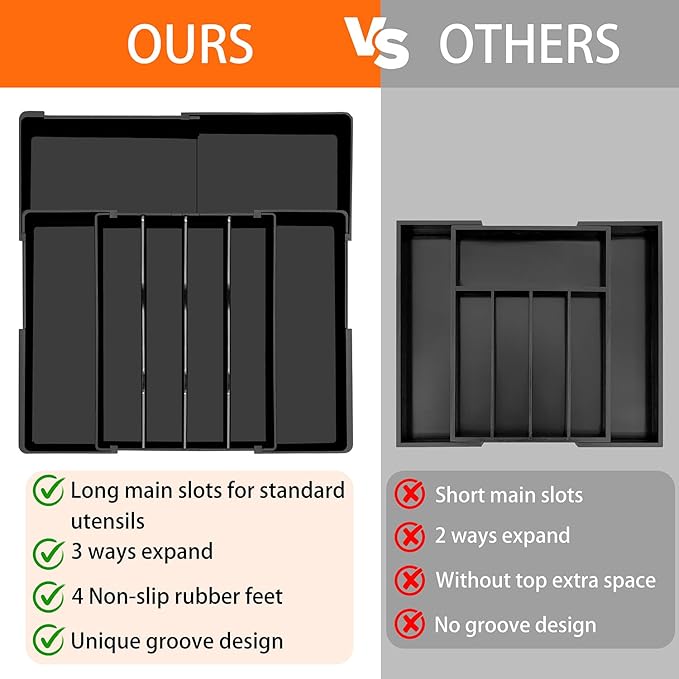 Large Kitchen Silverware Organizer - Expandable 17.2" x 17.9" Adjustable Drawer Tray, 4-7 Compartments for Maximum Storage, BPA-Free, Black