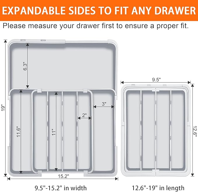 Expandable Silverware Drawer Organizer - 7 Compartments BPA-Free Kitchen Utensil Tray, Adjustable 12.6”×9.5" to 19"×15.2", Cutlery Drawer Organizer, Gray