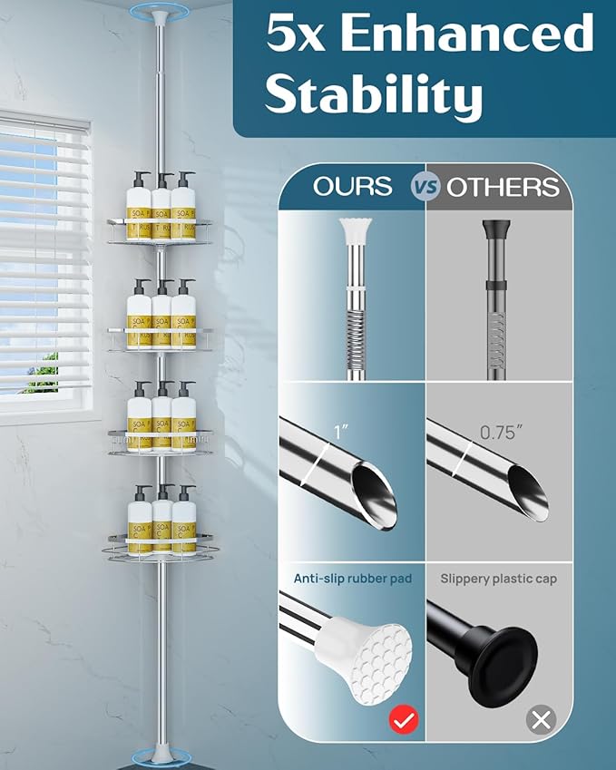 SEIRIONE Rustproof Shower Corner Caddy Organizer for Bathroom, 4 Adjustable Shelves with Tension Pole, for Bathtub Shampoo Accessories Storage Holder, 34 to 116 Inch Height