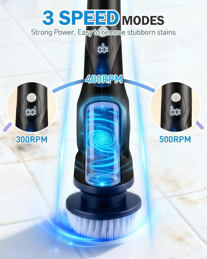 Electric Spin Scrubber, 3-Speed Cordless Shower Scrubber with Long Handle & 10 Replaceable Brush Heads, 90 Mins Runtime & Full-Body IPX7 Waterproof Shower Cleaner Brush for Bathroom Kithchen