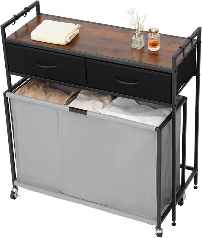VEVOR 3 Section Laundry Sorter, Rolling Laundry Hamper with 2 Drawers, Hooks & Wheels, Rolling Basket Organizer Storage with Pull-Out Rolling Bags and Wooden Tabletop for Dirty Clothes, Bathroom