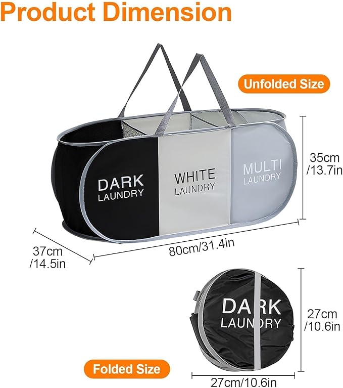 EEEKit 100L Pop Up Laundry Basket, 3 Sections Large Capacity Oxford Cloth Collapsible Laundry Hamper with Reinforced Handles, Space-Saving Sorting Organizer for Dorm Rooms, Bedrooms, Home and Travel
