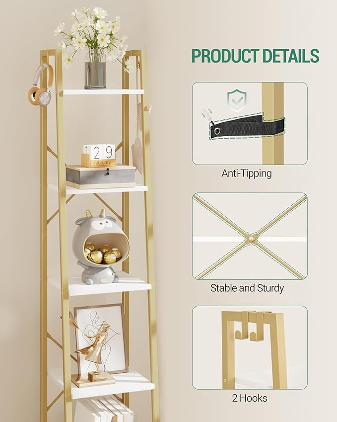 Ladder Shelf, Bookshelf Bookcase, Freestanding Corner Storage Shelve with 2 Hooks for Home Office, Living Room, Kitchen, Bedroom, Industrial, 11.8" D x 13.4" W x 63" H, White Gold BC03213G