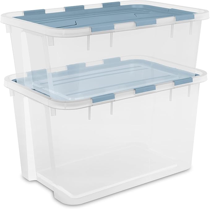 Sterilite 24 Pack Hinged Lid Storage Box, 60 Qt Plastic Container, Washed Blue - Home Organizer Tote for Storing Shoes, Crafts, Clothing, or Decor