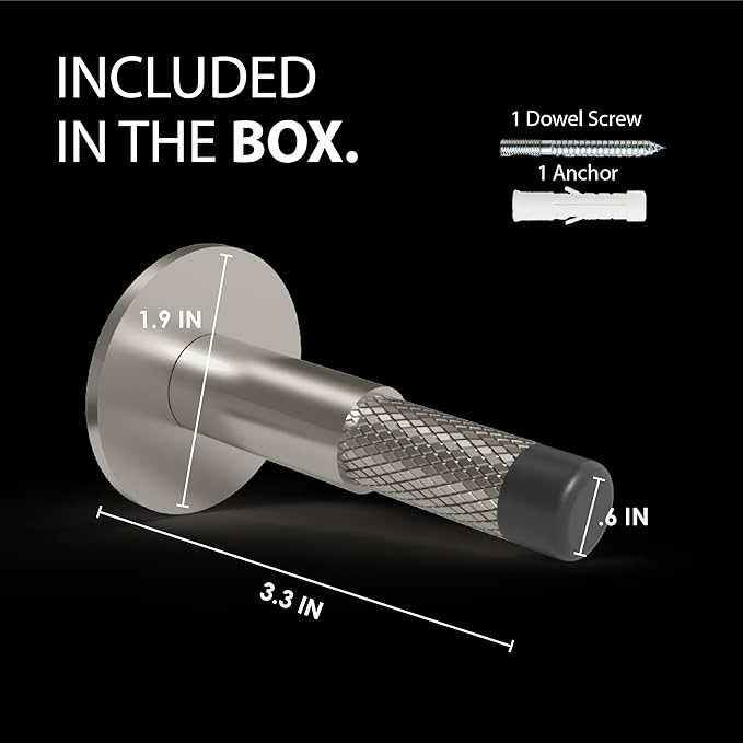 Mega Handles Knurled Baseboard Door Stopper - Heavy Duty Door Stoppers for Bottom of Door, Zinc Alloy Door Stops with Rubber Tip - Satin Nickel