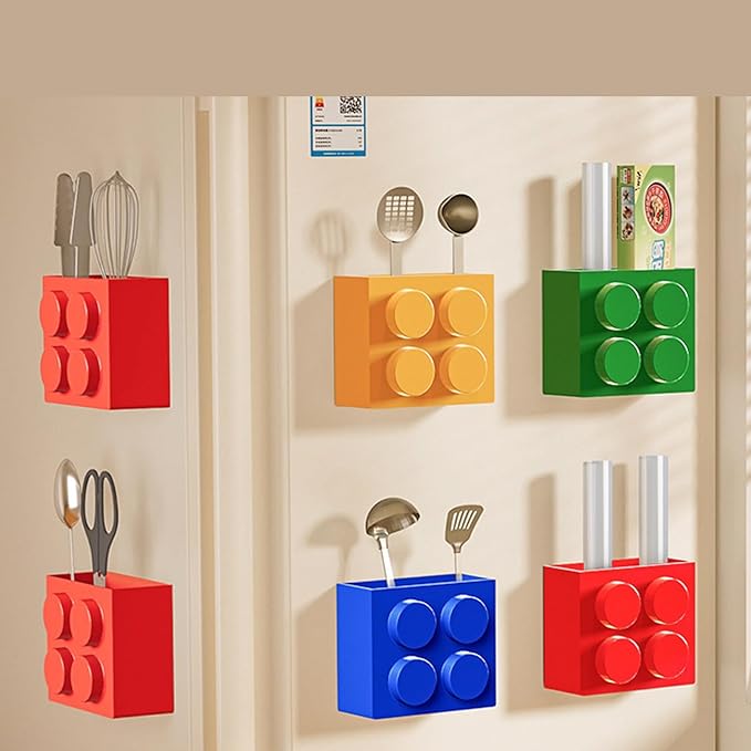 Magnetic Basket Organizer for Fridge - Lego-Style ABS Plastic Storage Box, No Drill Design for Kitchen Counter, Microwave & Whiteboard, Holds Up to 3.5 lbs (Red)