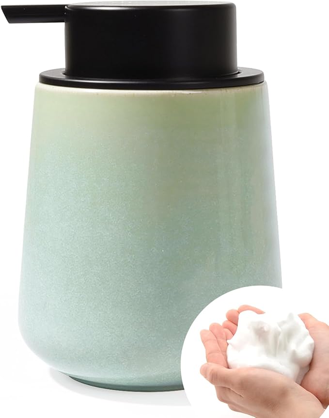 BosilunLife Foam Hand Soap Dispenser - 12 oz Bathroom Lotion Hand Pump Dispenser Light Green Foaming Soap Dispenser Ceramic Dish Liquid Dispenser for Kitchen