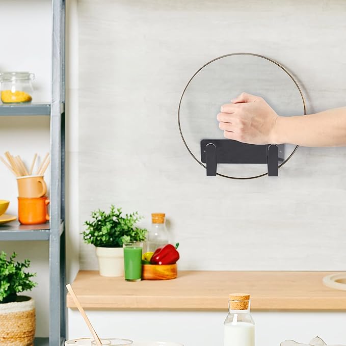 Pot Lid Rack, Wall Mounted 304 Stainless Steel Pan Lid Organizer Holder, Self Adhesive, Kitchen Cooking Utensil Tool (Black)