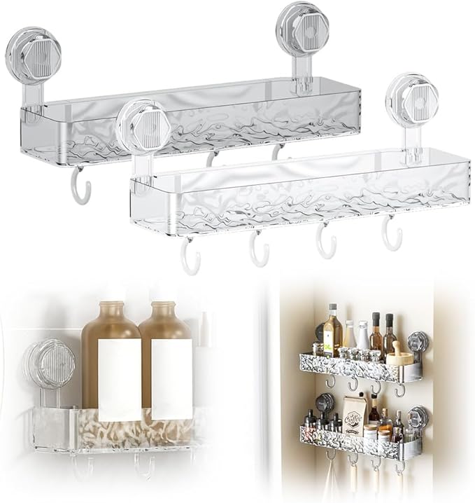 PVZXR Corrugated Suction Cup Storage Holder, 2026 New Movable Shower Shelf Suction Cup,Shower Caddy Large Capacity Bathroom Organizer,No-Drill Wall-Mounted Storage Shelf (Clear + Gray)