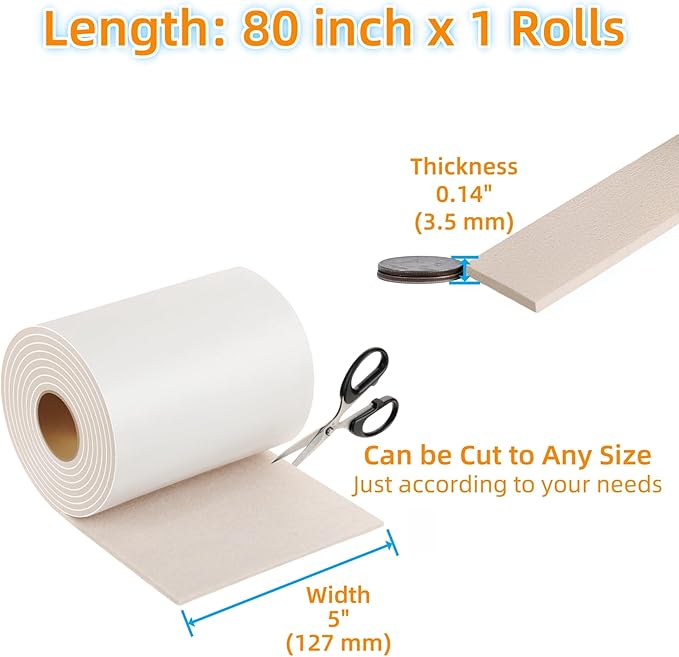 Furnigear Felt Furniture Pads - Heavy Duty Cuttable Strips with Adhesive Backing, Self-Adhesive Felt Strips, Pad, Tape Roll for Chair Legs, Hard Floor and Wall Protection (Beige, 80 x 5 x 0.14 Inch)