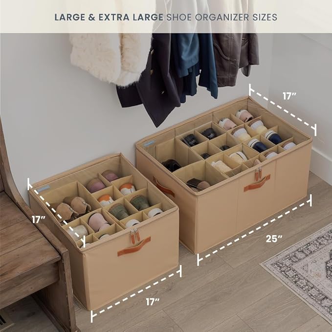 OrganiHaus Shoe Organizer for Closet and Entryway, Fits up to 16 Pairs, Large Shoe Storage Box, Collapsible Shoes Storage Bin, Shoes Container w/Reinforced Handles and Clear Cover - Brown