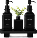 Modern Kitchen Soap Dispenser Set with Wood Tray, Black Glass Soap Dispenser with Pump, Decorative Hand and Dish Soap Dispenser Set, Soap and Lotion Dispenser Upgrade for Kitchen and Bathroom Decor