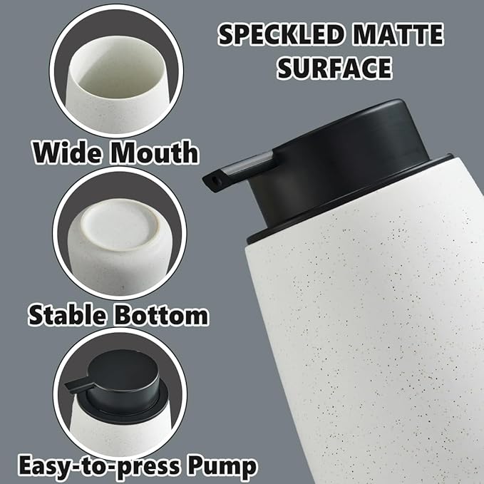 12Oz Ceramic Liquid Soap Dispenser - Modern Lotion Hand Soap Dispenser with Easy-to-Press Black Pump, Reusable and Refillable Dish Soap Dispensers for Bathroom & Kitchen, Speckled Matte White