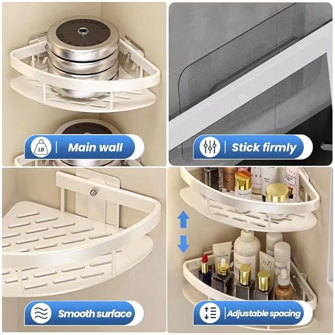 2LWAT Wall Mounted Shower Organizer, 2 Tier No Drilling Adhesive Shelf, Bathroom Shower Caddy with Hooks, Suction Cup, White