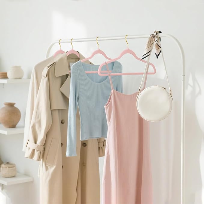 ManGotree Velvet Coat Hangers with 360° Swivel Gold Hook, Non-Slip Felt Suit Hangers, Slim Space Saving Clothes Hanger for Jacket, Sweater, Shirt, Dress, Pants (22 Pack, Light Pink)