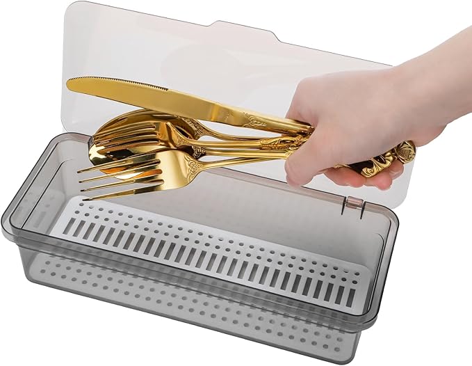Elsjoy 6 Pack Flatware Trays with Lid and Drainer, Plastic Utensil Holder for Kitchen Counter, Silverware Storage Box Covered Cutlery Container for Home