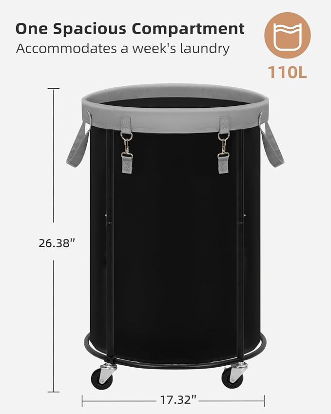 STORAGE MANIAC Rolling Laundry Hamper with Wheels 110L Laundry Basket, Round Laundry Cart with Metal Frame and Removable Bag, Clothes Hamper for Bedroom, Bathroom, Dorm Room, Laundry Room, Black