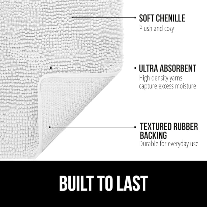GORILLA GRIP Bath Rug Mat 42x24, Thick Soft Absorbent Chenille, Quick Dry Microfiber Mats, Rubber Backing Washable Shower Floor Rugs, Bathmat Runner, US Designed Bathroom Home Decor Accessories White