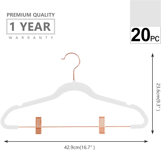 MIZGI Premium Velvet Pants Hangers with Clips (Pack of 20) Slim Skirt Hangers- Non Slip Felt Outfit Dress Hangers White - Copper/Rose Gold Hooks,Space Saving Shirt Clothes Hangers
