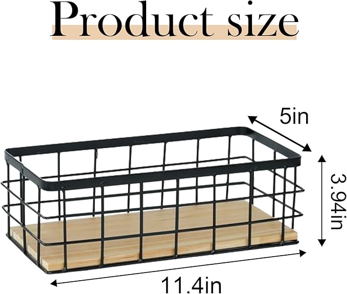 2-Pack Small Wire Baskets, Metal Wire Storage Baskets, Rustic Storage Bin Wood Base Containers Farmhouse Rectangle Organizer Tray for Home Kitchen Bathroom