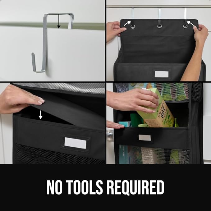 GORILLA GRIP Over The Door Organizer Storage, 5 Deep Hanging Shelves, Holds 50lbs, Closet Organizers Shelf for Bedroom, Shoes, Bathroom, Nursery, Dorm Essentials, 3 Metal Hooks, 58x15 Inches, Black