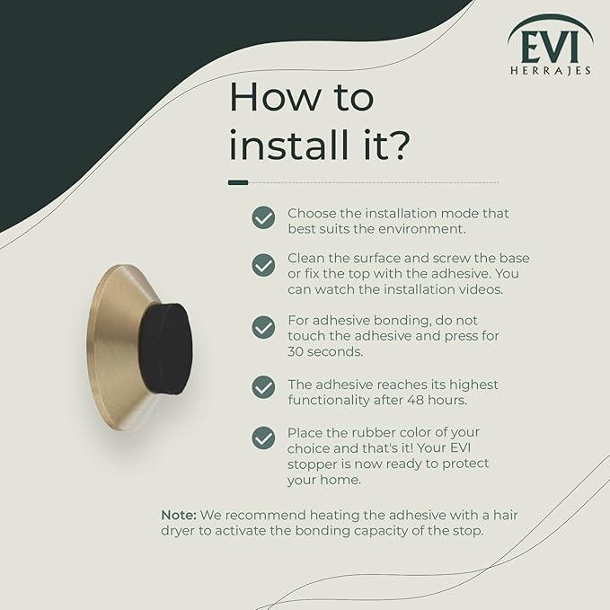 Evi Herrajes | Adhesive Door Stop | Wall Mounted | 1,37x0,59" | Matt Brass | Conical Shape | Two Rubbers Included | Adhesive or Screw Installation