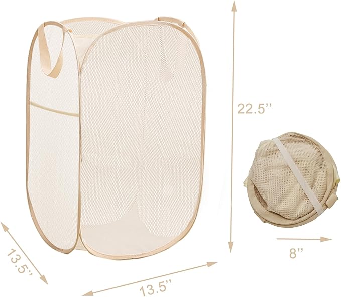 2Pcs Pop Up Hampers for Cruise, Folding Laundry Basket Space Saving Design, Dirty Clothes Hamper for Bedroom, Hotel, RV, Travel (White+Beige)