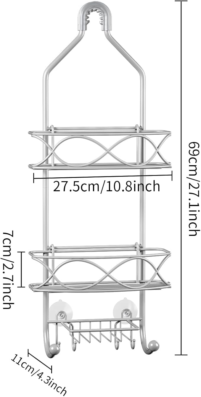 Shower Caddy Hanging 3 Tier with Two Movable Baskets, Grey Shower Caddy with Hooks for Towels, Sponge and More