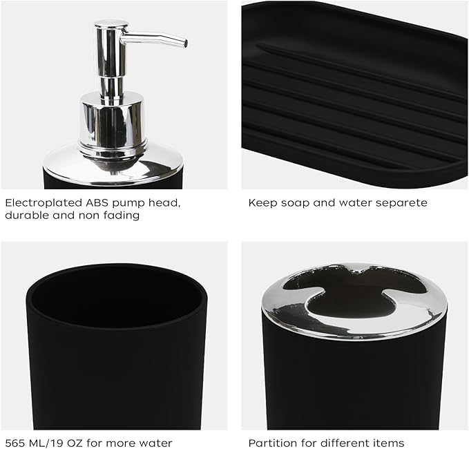 4 Pcs Bathroom Accessories Set,Bohemian Bathroom Toothbrush Holder Set.Include Soap Dispenser, Soap Dish, Toothbrush Holder, Mouthwash Cup, Modern Bahtroom Decor Set (Black, 4Pcs)