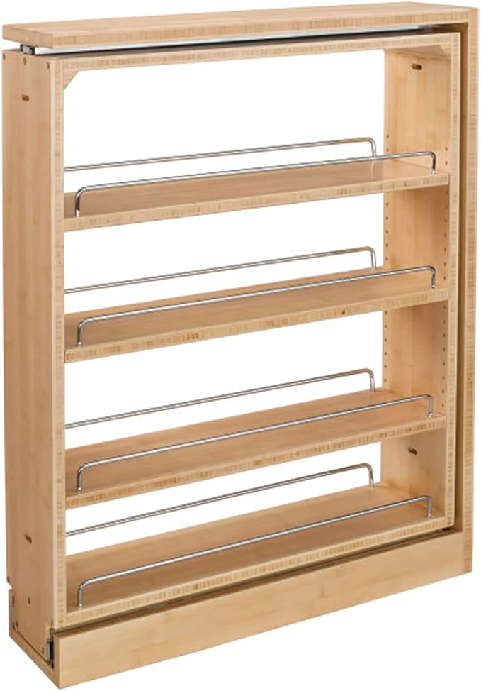 Rev-A-Shelf Pullout Shelf Organizer for Base Kitchen or Bathroom Cabinets, Wood Filler Pantry Storage or Spice Rack, Maple, 6" x 23" x 30", 432-BF-6C