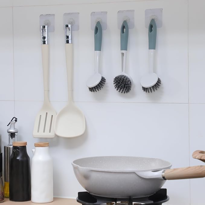 Patelai 6 Pack Kitchen Scrub Dish Brush with Long Handle Dish Scrubber with Stiff Bristles Scrub Brushes for Kitchen Dishes Washing Tools, Pots, Pans and Sink Cleaning (Celadon)