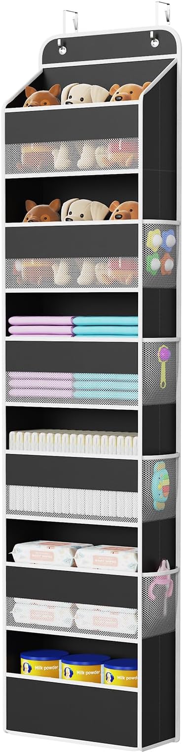 Univivi Door Hanging Organizer Nursery Closet Cabinet Baby Storage with 6 Large Compartments and 8 Side Pockets for Cosmetics, Toys and Sundries (Black)