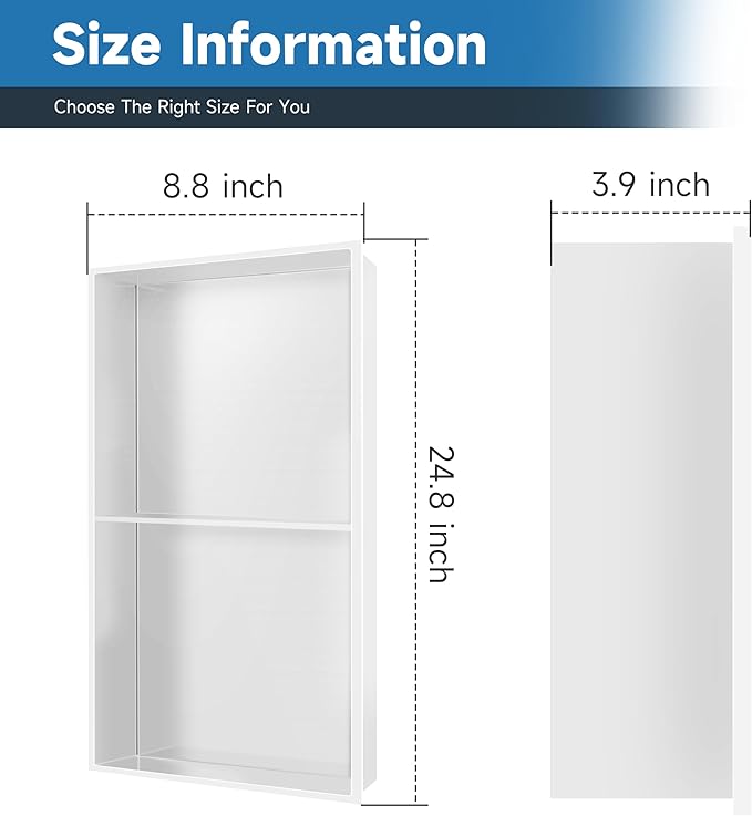 BATHFINESSE Shower Niche 9" X 25" White, Stainless Steel Wall Niche Double Shelves Recessed Shower Shelf for Bathroom Storage, No Tile Needed Over Mount Installation
