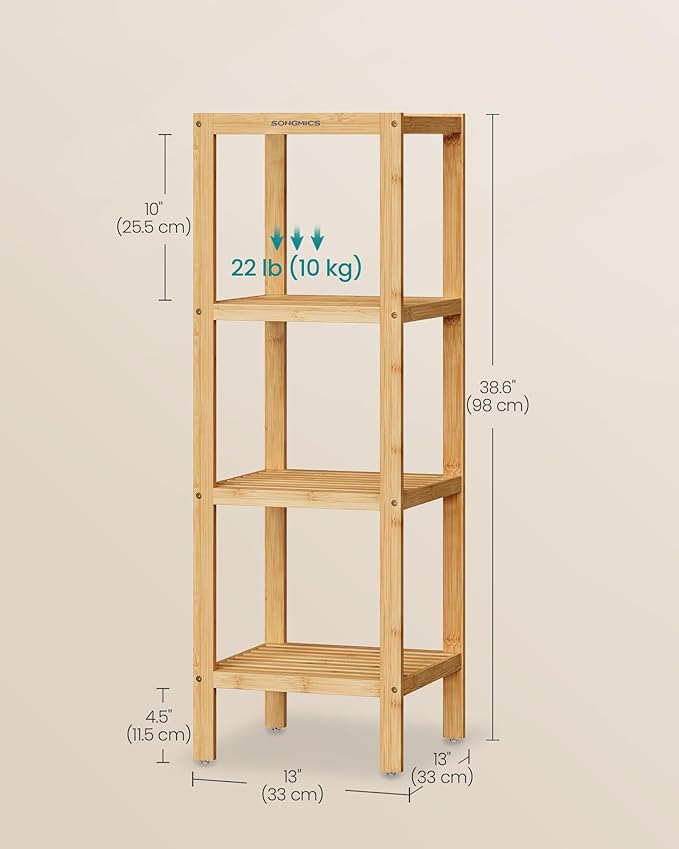 SONGMICS 4-Tier Bamboo Shelf, Narrow Bathroom Shelf, Standing Towel Rack, Corner Rack, for Kitchen, Living Room, Bedroom, Entryway, Bathroom, Natural UBCB54Y