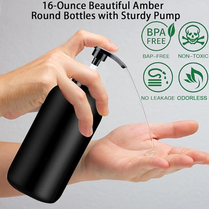 Black Soap Dispenser with Rust Proof Pump, Waterproof Labels (2 Pack,16 Oz), Plastic Hand Soap Dish Soap Dispenser for Kitchen, Premium Thick Soap Pump Bottles