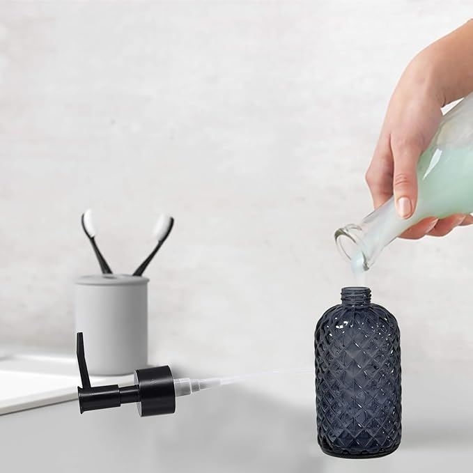 Glass Dish Soap Dispenser for Kitchen, 13.5oz Refillable Liquid Hand Soap Dispenser Set, Crystal Lotion Bottle for Modern Home Decor, Bathroom Countertop, Hotel(Blue Grey)