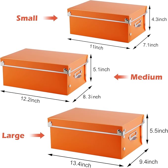 SEEKIND photo boxes storage, storage boxes with lids and Handles, 3 in 1 Set, Multiple Size(Small/Medium/Large) Plastic Box for Photos, tax papers, Cosmetic, Socks, Snacks, Etc(Orange)