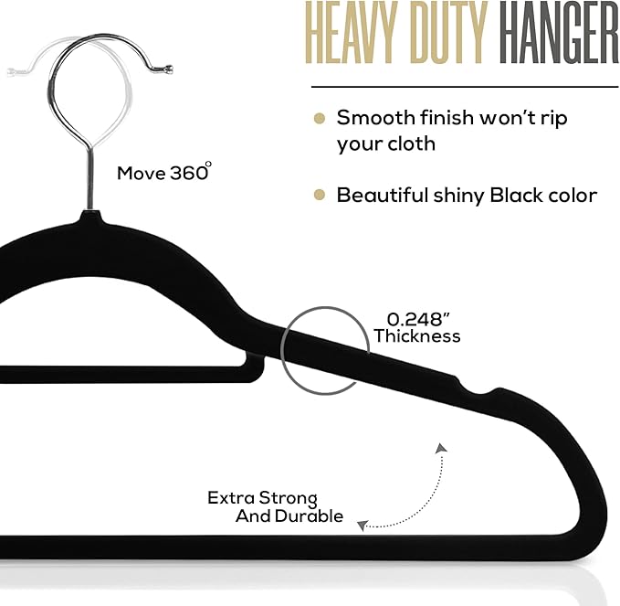 Utopia Home Premium Velvet Hangers 150 Pack - Non-Slip Clothes Hanger with Tie Bar - Black Hangers with 360 Degree Rotatable Hook - Heavy Duty Coat Hanger