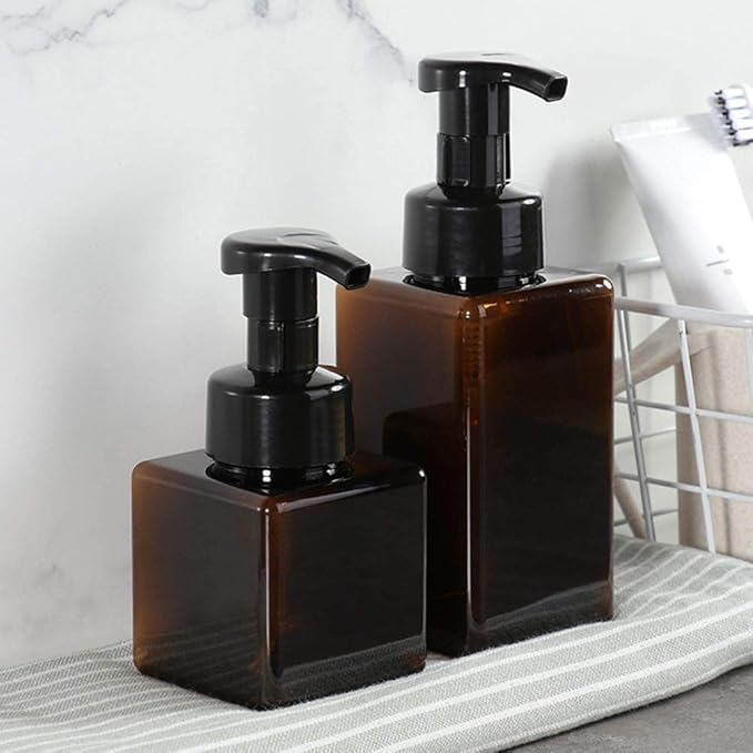 UUJOLY Foaming Soap Dispenser, 250ml (9oz) Refillable Pump Bottle for Liquid Soap, Shampoo, Body Wash (2 Pcs) (Small Amber)