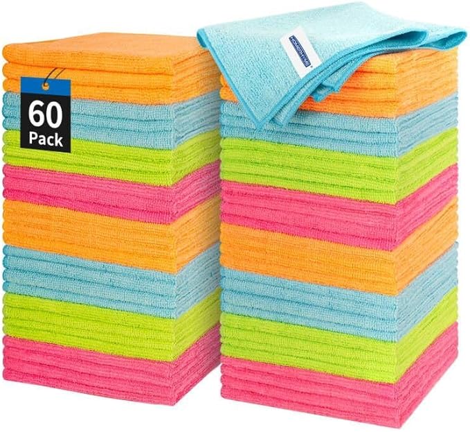 HOMERHYME Microfiber Cleaning Cloth - 60 Pack Shop Towels, 12" x 12" Cleaning Rags Lint Free, Reusable Microfiber Towels for Cars Kitchen Automotive House Office