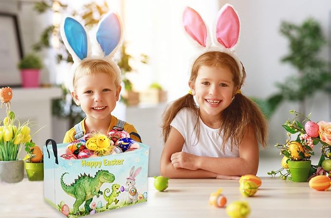 Sanjiaofeng Rectangular Easter Dinosaur Basket Dinosaur Storage Bins,Cute Storage Basket with Handles.Clothers,Books,Kid's Gifts Bins. (Dinosaur family)