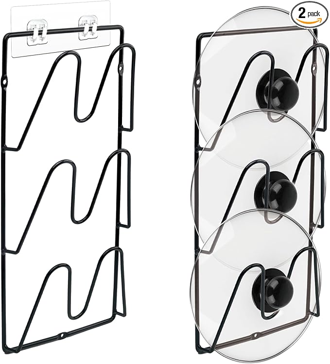2 Pack Pot Lid Organizer, 6-Tier Pots & Pans Lid Holder Organizer for Cabinet or Wall/Door Kitchen Storage, No-Drill Adhesive Mount, Space-Saving Solution