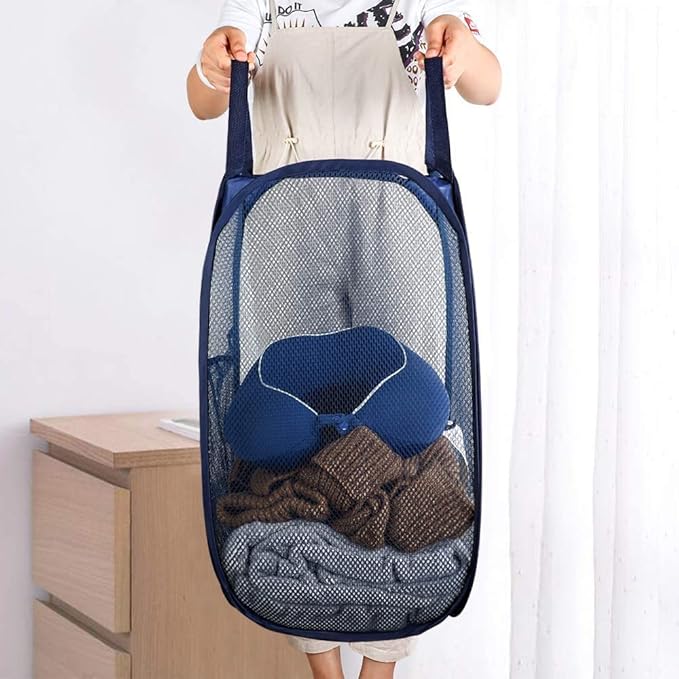 Larpur Popup Mesh Laundry Basket, Collapsible Clothes Washing Laundry Hamper with Reinforced Carry Handles, Portable Foldable Dirty Clothes Hamper for Home Dorm Cruise Travel (Blue)