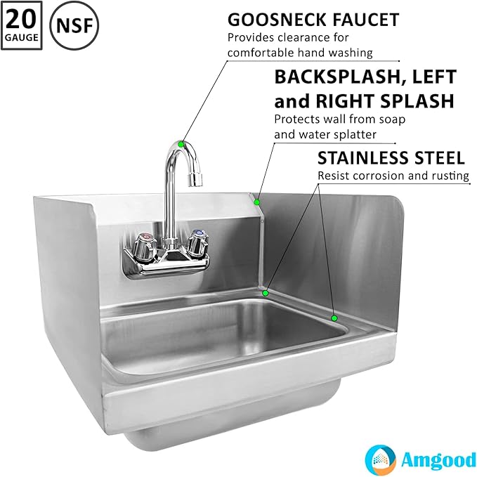 AmGood Stainless Steel Wall Mount Hand Sink with Faucet | Commercial Hand Washing Basin For Restaurant, Kitchen | NSF. (12" x 12" with Sidesplash)