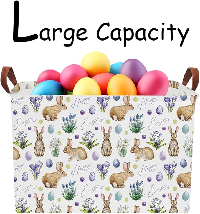 Rectangular Easter Eggs Basket Empty,Toys Storage Bin with Handles,Baby Room Decor,Gift Basket(Watercolor Eggs)