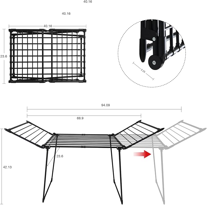 YUBELLES Expandable Clothes Drying Rack, Gullwing Laundry Drying Rack, Space-Saving, Towels, Linens, Indoor, Outdoor Black