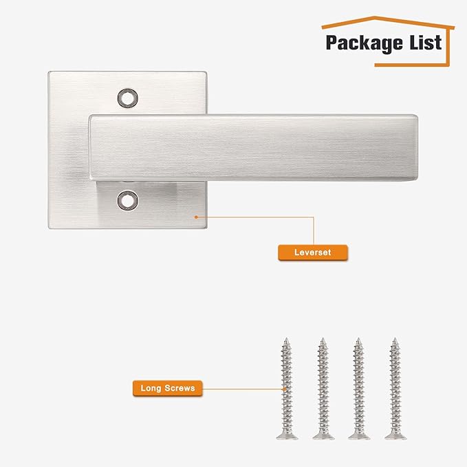 Probrico Brushed Nickel Half Dummy Levers, Square Non-Turning Door Knobs for Left or Right Handed Doors, Interior Inactive Door Handle for Closet or Pantry (4 Pack, Single Side, Exposed Screws)