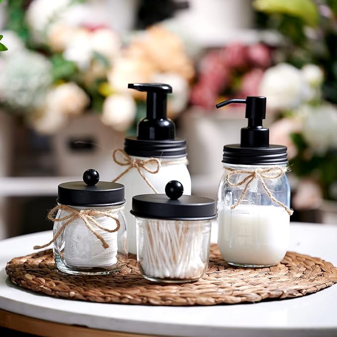 Amolliar Mason Jar Bathroom Accessories Set(4 Pcs) -Lotion Soap Dispenser &Cotton Swab Holder &Toothbrush Holder-Rustic Farmhouse Decor Apothecary Jars Vanity Organizer-Rustic Farmhouse Decor (Black)