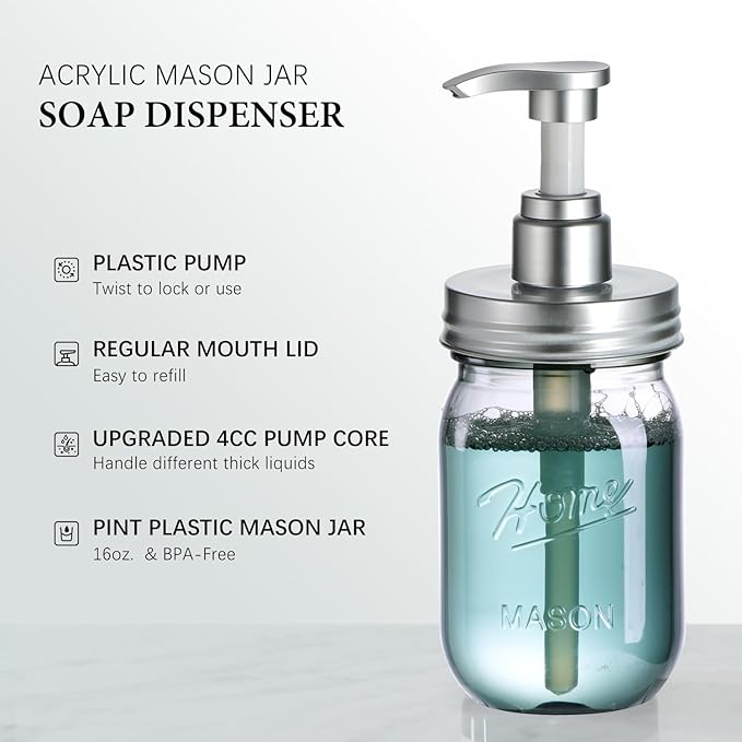 Amolliar Plastic Mason Jar Soap Dispenser with Pump Lid,16OZ Refillable Hand Soap Dispenser Set with Cute Lables - Farmhouse Decor for Kitchen Bathroom, Liquid Soap, Dish Soap, Lotion (2 Pack, Silver)