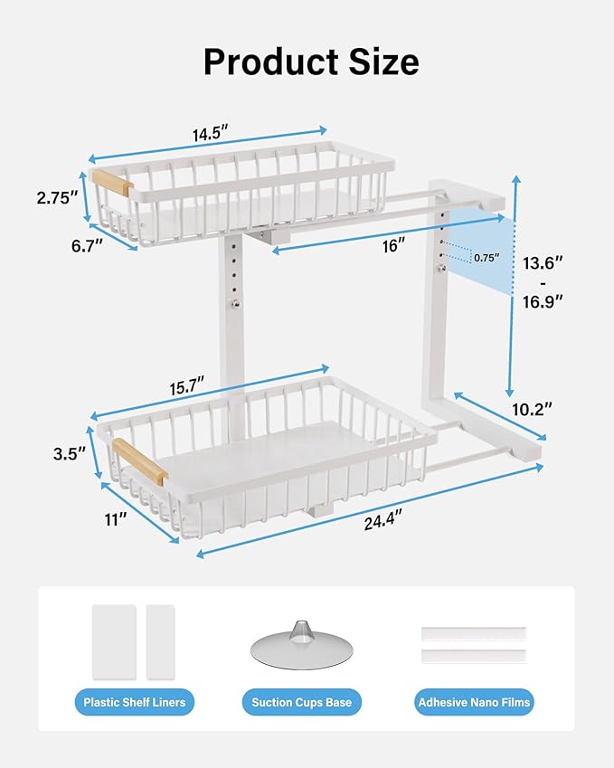 Under Sink Organizer Storage for Families: Pull Out Storage Undersink Organizers Drawer Cabinet - Sliding 2 Tier Rack Metal Organization Under Counter Kitchen Bathroom for Homemakers(White,2 Pack)